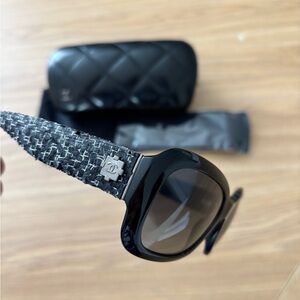 CHANEL Black Oversized Sunglasses with Tweed Temples